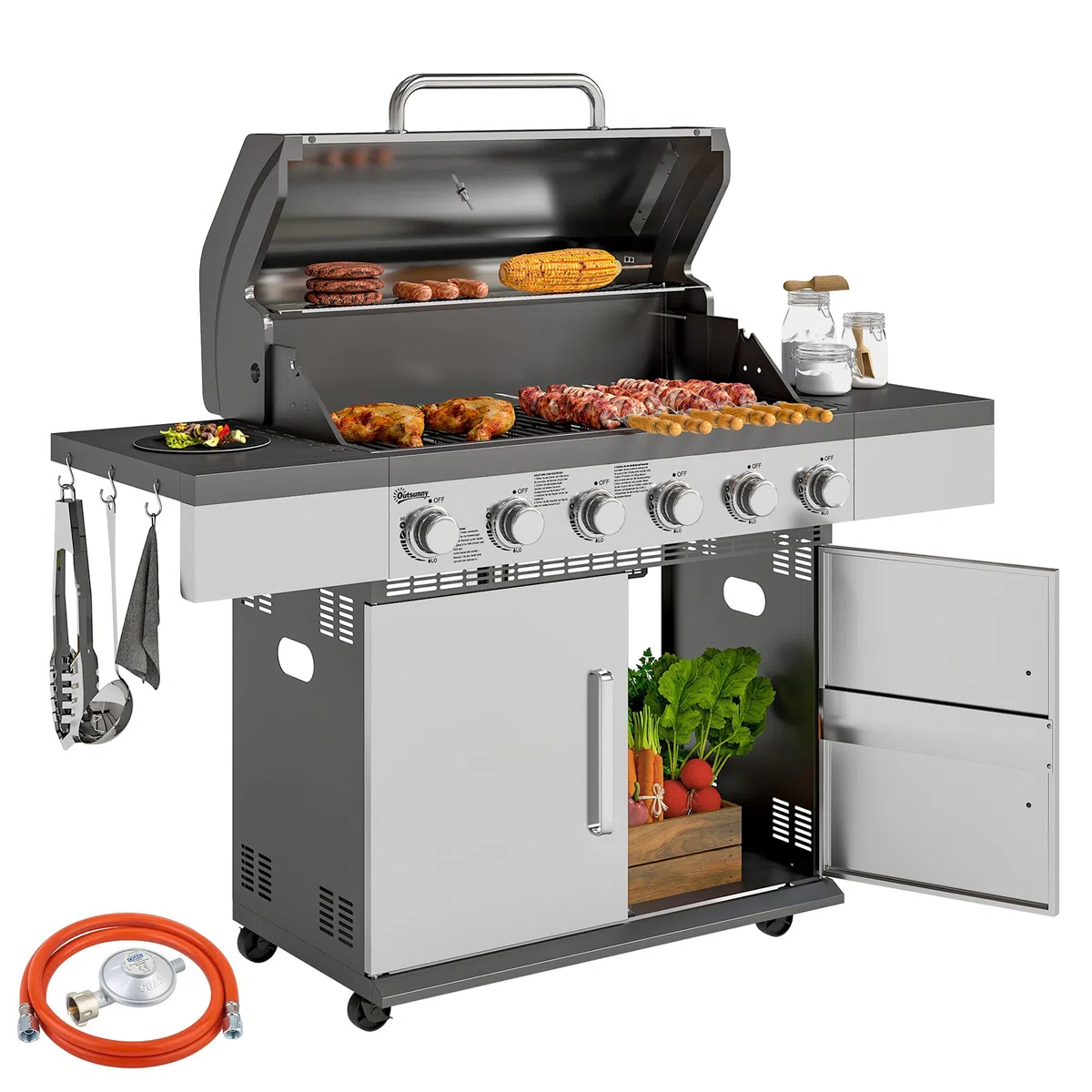 Outsunny Gasgrill 8500BTU BBQ Gartengrill inkl 6 Edelstahl-Brenner Rolle Druckminderer Thermometer, Grillwagen mit Gasschlauch Seitenablagen Deckel, für Camping-Grill Balkon, 143 x 55 x 110 cm