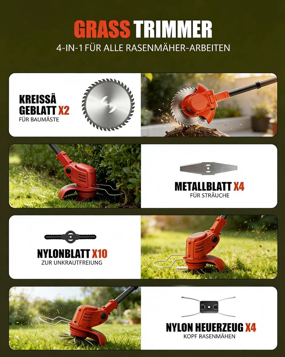 Rasentrimmer mit Akku, 850W Klappbarer Akku Freischneider mit 2X4.0AH Batterien, Akku Rasentrimmer & Rasenkantenschneider mit 4 Messertypen, Elektrischer Motorsense für Garden und Rasen