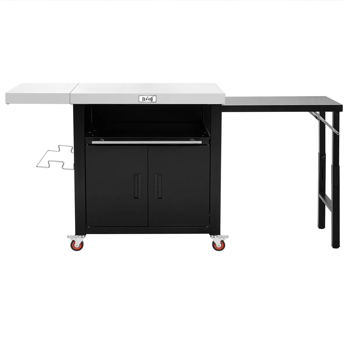 Outdoor-Küche Grillwagen Outdoor Grilltisch Outdoor wetterfest mit Schrank | 188x66x92 cm Servierwagen Pizzatisch mit 2 Klappbarer Beistelltisch, ausziehbare Ablage, für Pizzaofen, Außenküche,Terrasse