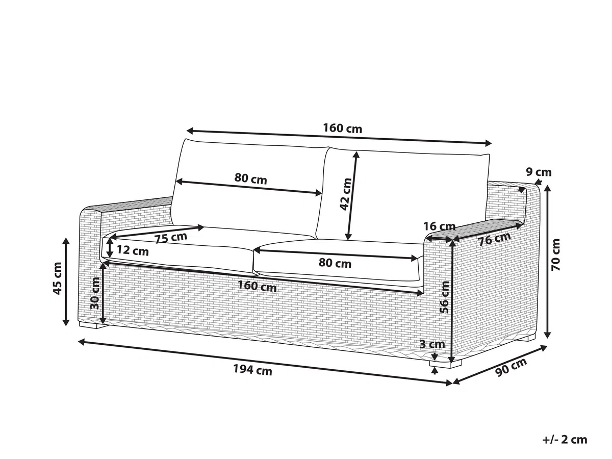 Beliani Klassisches Gartensofa Hellbraun mit Auflagen in Cremeweiß Rattan 2-Sitzer Ardea