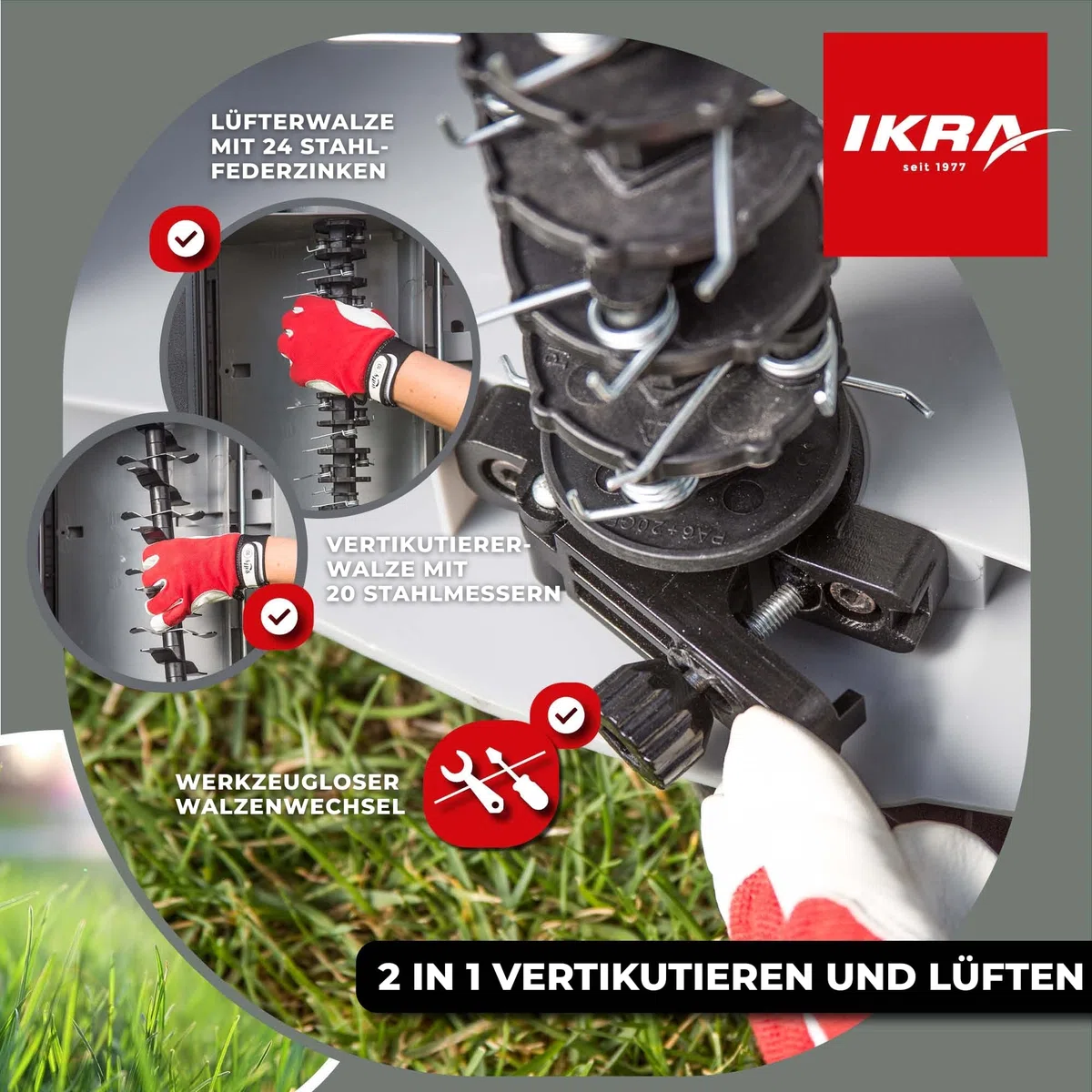 IKRA Elektro Vertikutierer Rasenlüfter IEVL 1840, Arbeitsbreite 40cm, 1800W | Fangkorb 55l, Arbeitstiefe +6 bis –12 mm, werkzeugloser Walzenwechsel, 2in1 Gerät lässt sich auch ohne Fangbehältnis nutzen