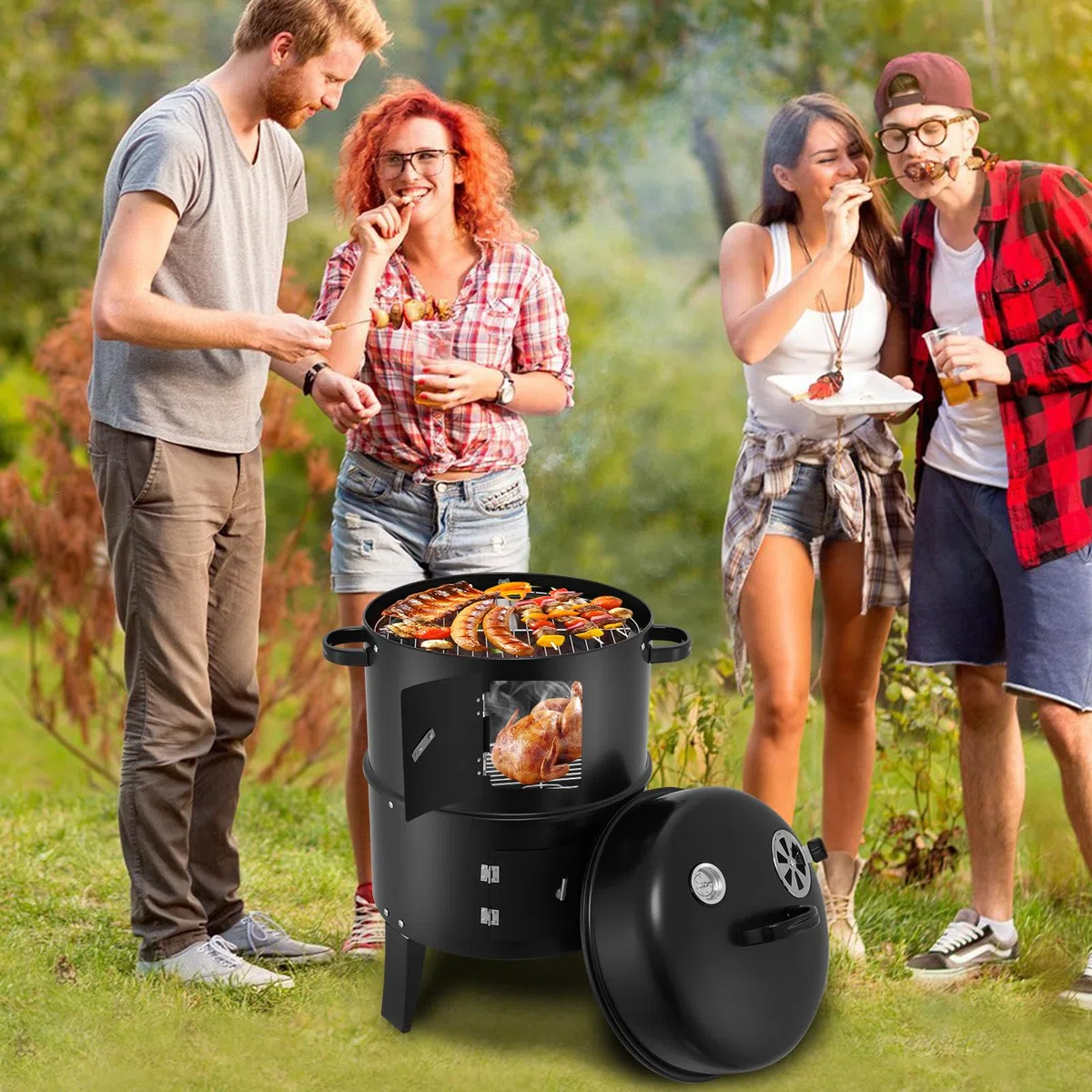 Raucher Holzkohle, Holzkohleraucher | Holzkohlegrills | Tragbare vertikale Propan-eingebaute Thermometer für Gartengrills, Heckklappenpartys, Apartmentbalkonen