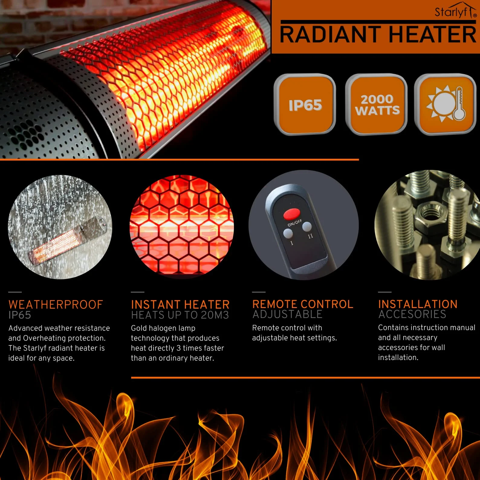 STARLYF Radiant Heater Infrarot Heizstrahler 2000W | Elektrischer Heizkörper für Innen & Außen IP65 mit Fernbedienung | Sofortige Wärme, 2 Leistungsstufen, Energiesparend & Wetterfest