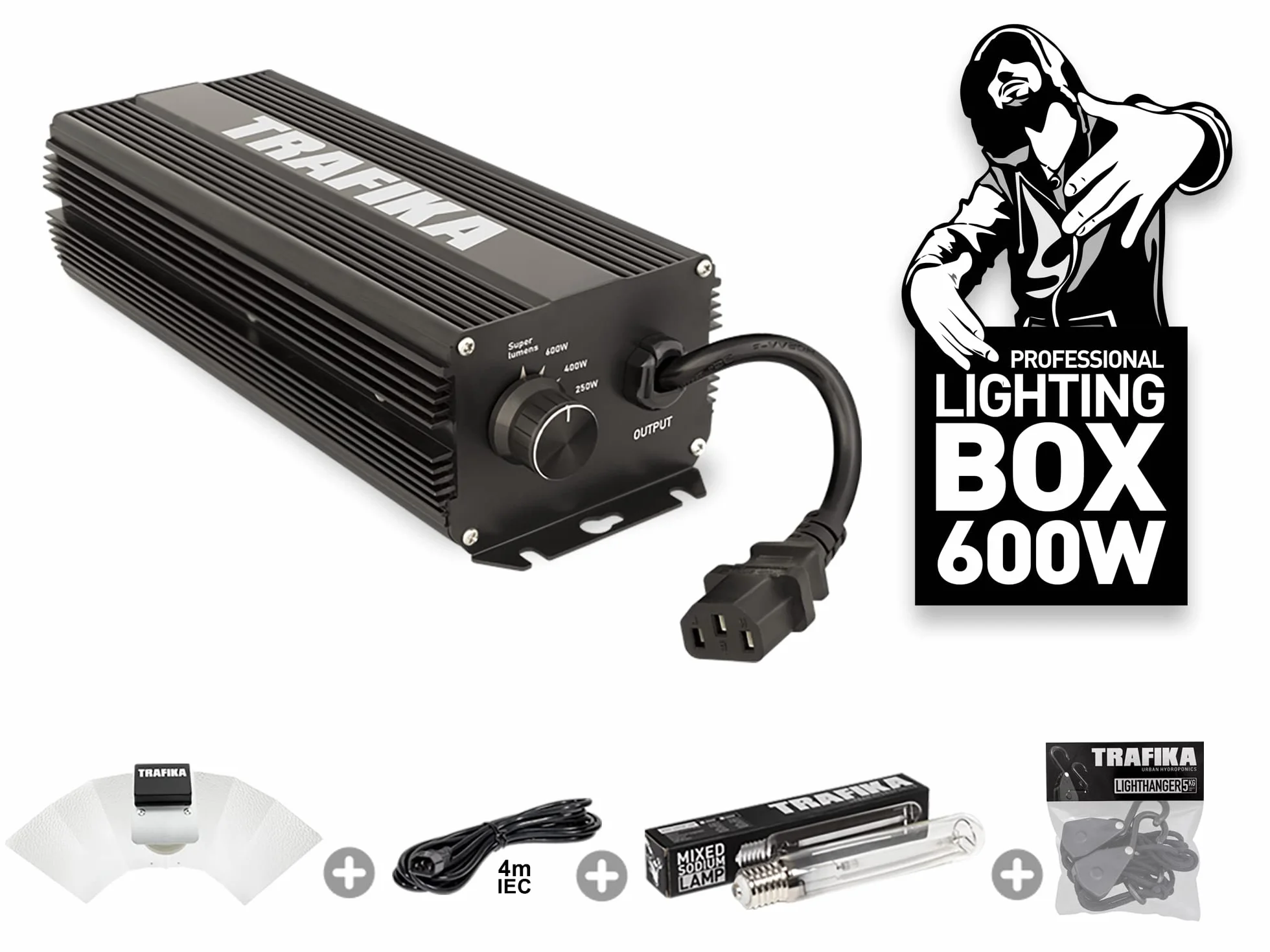 TRAFIKA PFLANZENBELEUCHTUNGS-KIT ELEKTRONISCHES VORSCHALTGERÄT 600W: DIGITALES Ballast 600W + Leuchtmittel + 4M-Kabel + UMLENKROLLEN + Reflektor/BELEUCHTUNGSKIT