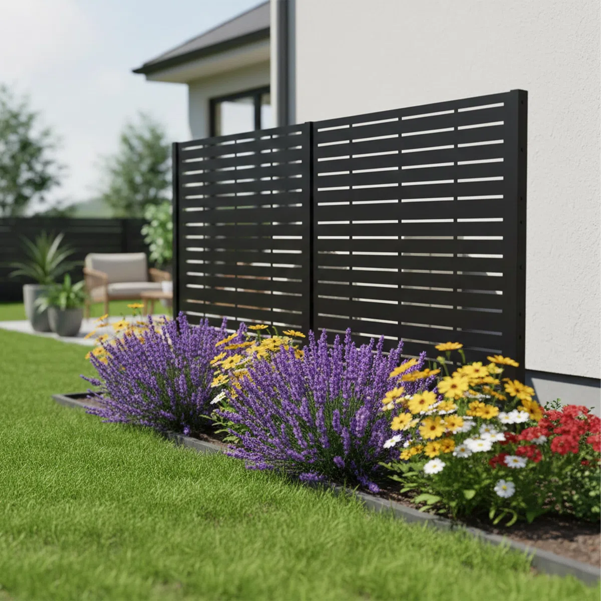 Relaxdays Mülltonnenverkleidung, Line, 2 Paneele je HxB 120 x 120 cm, modularer Sichtschutz, Mülltonnenzaun, schwarz