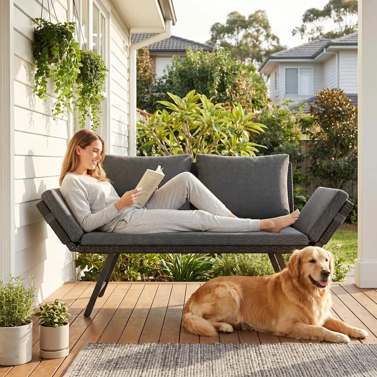 Fiutazge Polyrattan Loungesofa 2 Personen Kissen,Outdoor Daybed Gartenliege mit Verstellbare Armlehnen,Sitzbank mit Schlaffunktion,Gartenbett Balkonmöbel Set für Garten Terrasse-Grau