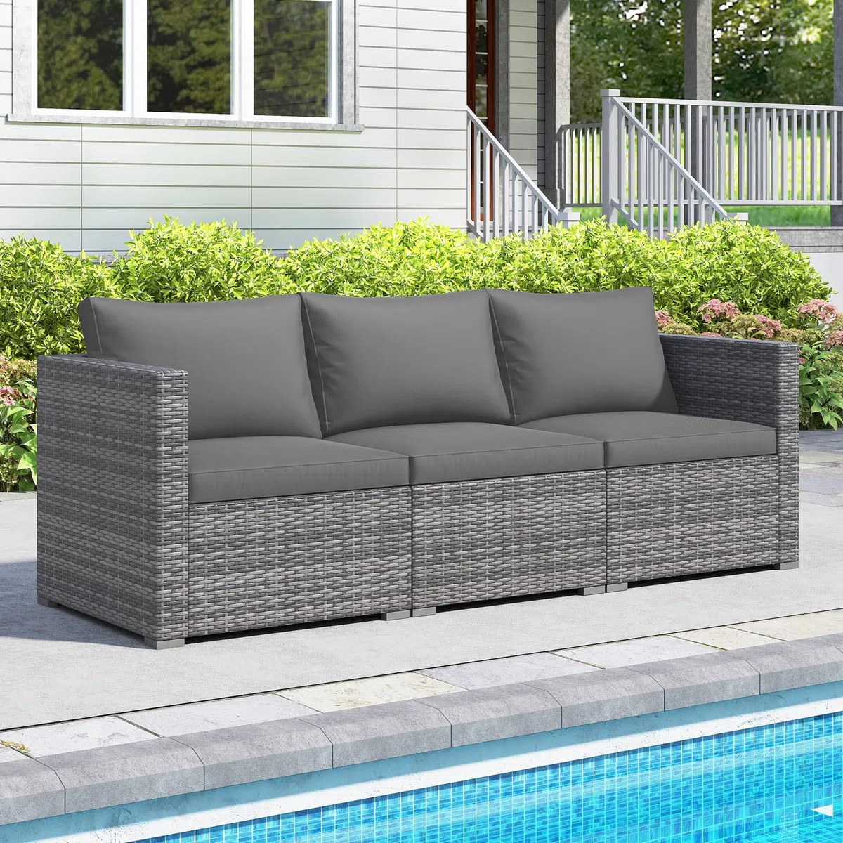 COSTWAY Gartensofa mit Kissen, 3-Sitzer Lounge Sofa, Rattan Lounge Möbel Outdoor, Gartenlounge, Gartenmöbel, Terrassenmöbel, Balkonmöbel, wetterfest, 193 x 67 x 61,5 cm (Grau)