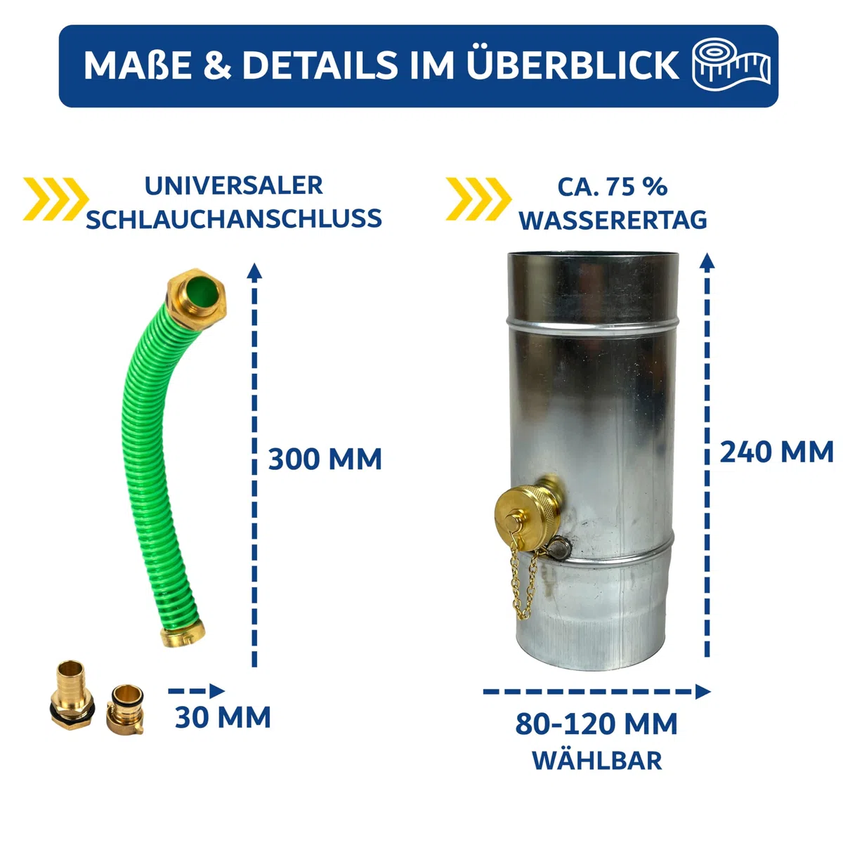 Titanzink Regenwassersammler 120 mm mit Schlauch- und Fassanschluss für Fallrohr 75% Wasser-Ertrag