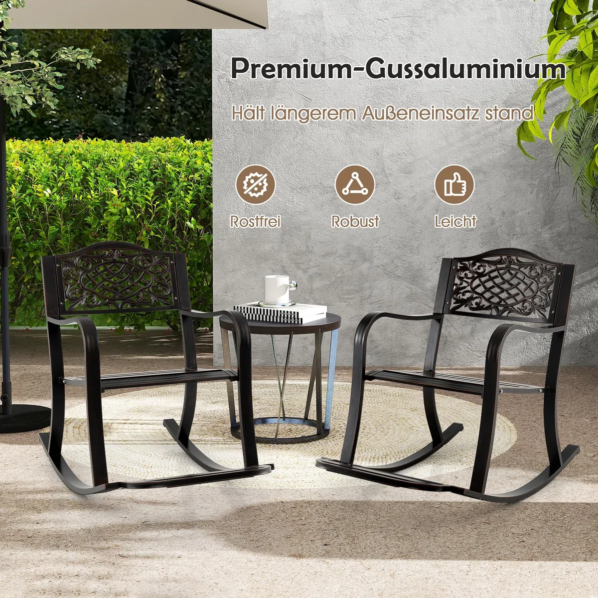 COSTWAY Schaukelstuhl mit Fußstütze, Schaukelsessel aus Aluminiumguss, Relaxstuhl, Schwingsessel, Gartenstuhl für Garten, Terrasse, Balkon