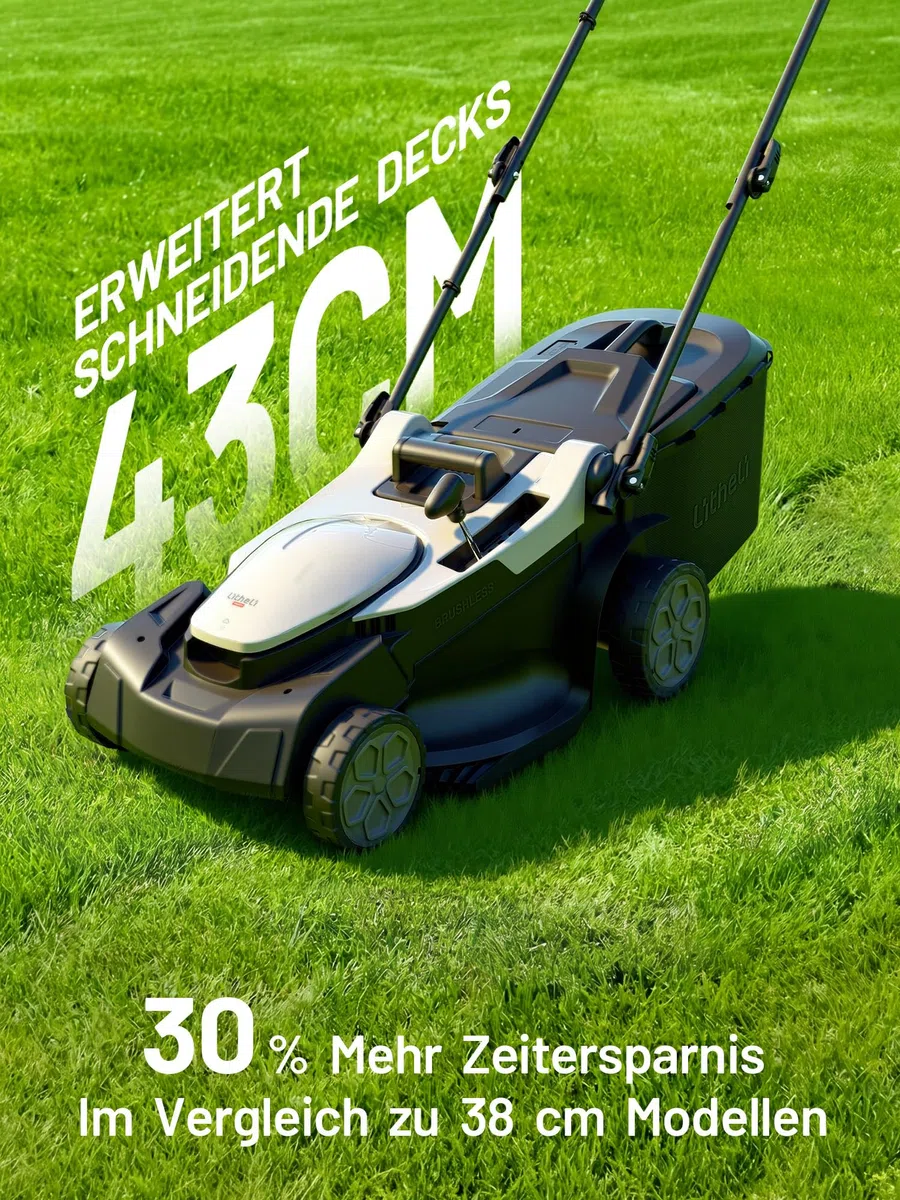 U20 Litheli Akku Rasenmäher, 2 x 20V, 43cm Schnittbreite, Brushless, bis 500 m², 40L Fangkorb, 25-75 mm Schnitthöhe, inkl. 2 x 4,0 Ah Akkus