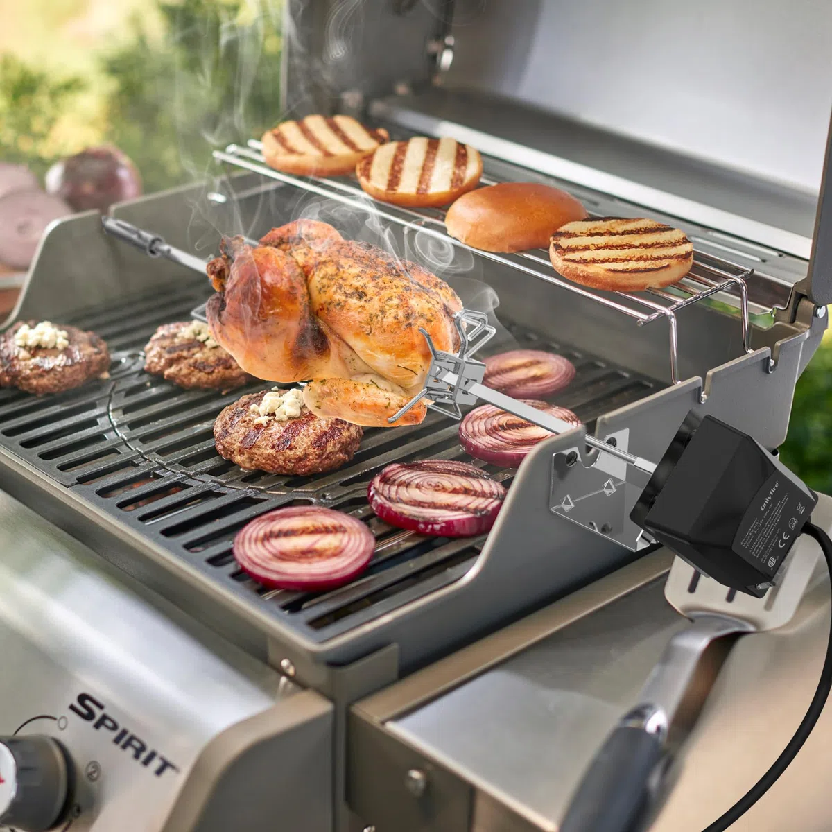 onlyfire Edelstahl Grillspieß Set für Weber Spirit I & Spirit II 200/300 Serie Gasgrill, inkl. 2X Fleischklammer, Motor, 220V-240V, Motorhalter, Drehspieß, Rotisserie, Drehspiess