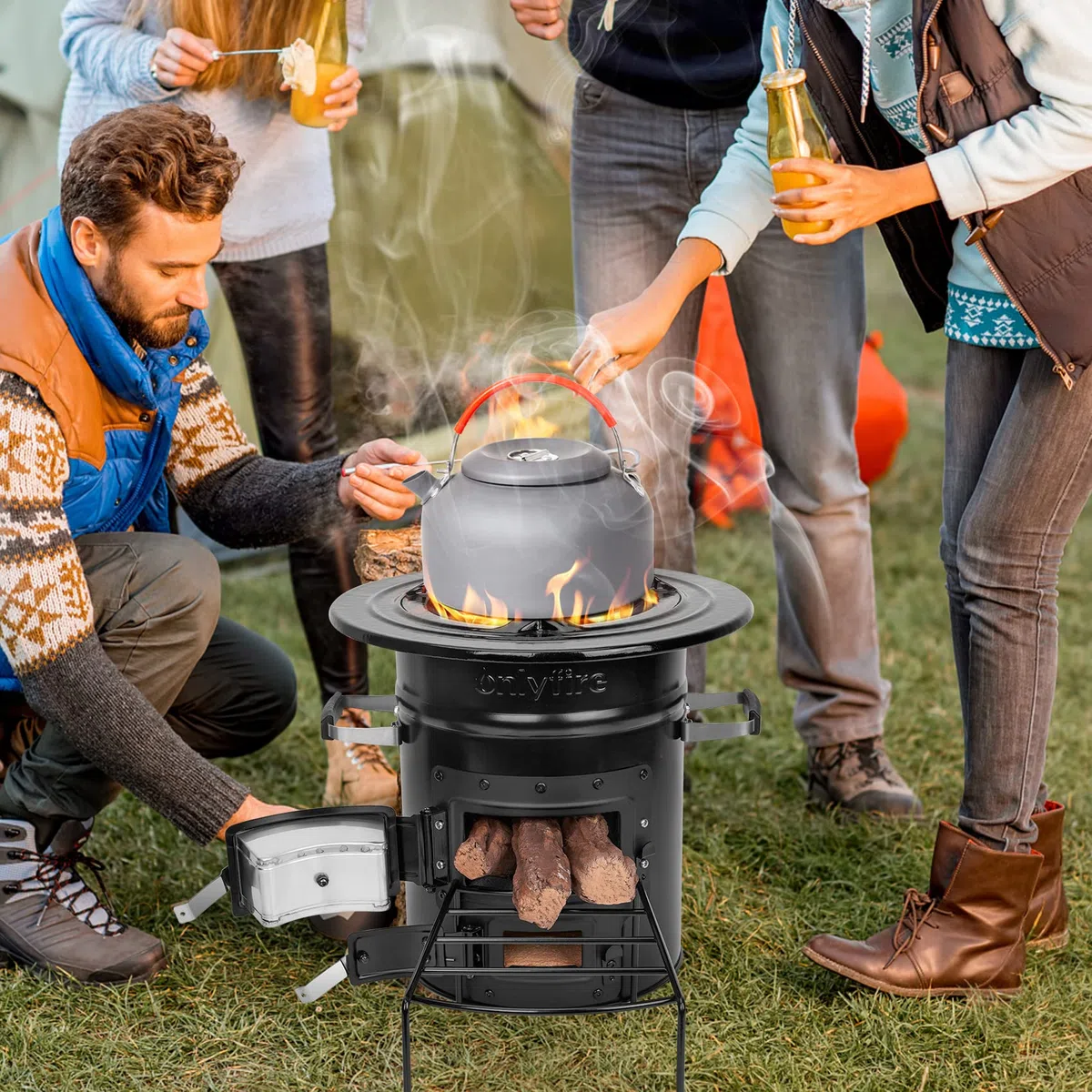 Onlyfire Raketenofen, Camping Holzofen, Campingkocher Holz mit Brennholzständer, Doppeltür-Design, Outdoor Kochen, Holzofen zum Kochen, Holzofen Outdoor für Dutch Oven, Grillpfannen, Zeltofen, Schwarz