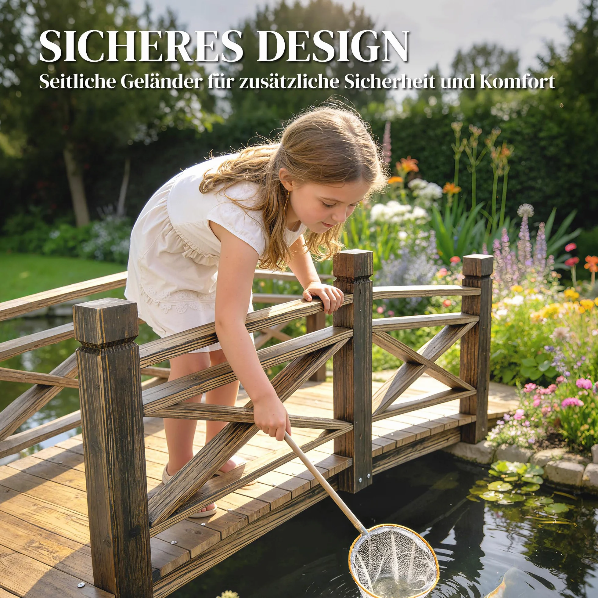 Outsunny Holzbrücke mit Geländer Gartenbrücke aus Tannenholz Teichbrücke mit Antik-Optik, begehbar Zierbrücke bis 200 kg Rostbeständig Dekobrücke für Garten Teich 174 x 78 x 57,5 cm Verkohlt