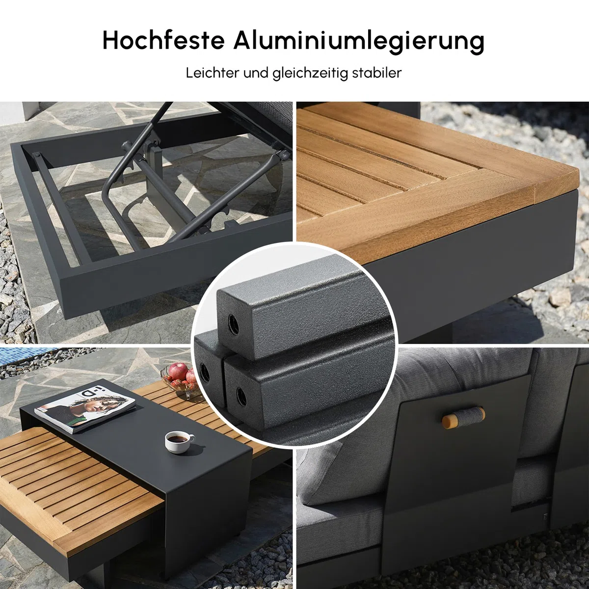 Homary 6-Sitzer Modulare Outdoor Lounge für Familie & Gäste, Garten Sofa Set für große Terrasse, Aluminium & Teak, 12 cm Komfort Polster, pflegeleicht