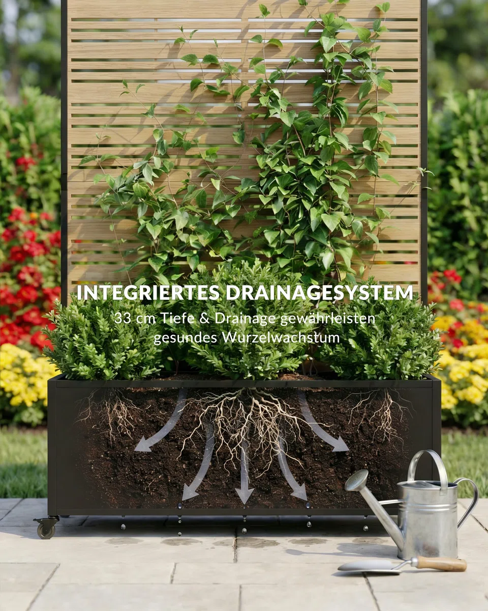 Hochbeet Metall mit Sichtschutz, 119 x 41 x 185 cm Pflanzkasten mit Rollen, 33 cm tiefes Pflanzbeet, Pflanzkübel Pflanzkasten für Gemüse, Kräuter und Blumen, wetterfest für Garten, Balkon und Terrasse