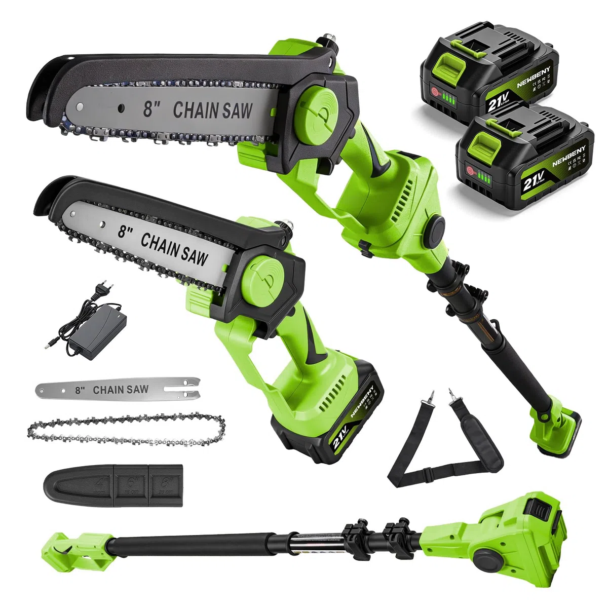 2-in-1 Akku Hochentaster 8-Zoll Bürstenlose Mini-Kettensäge mit Teleskopstange 2 x 3000mAh Akkus