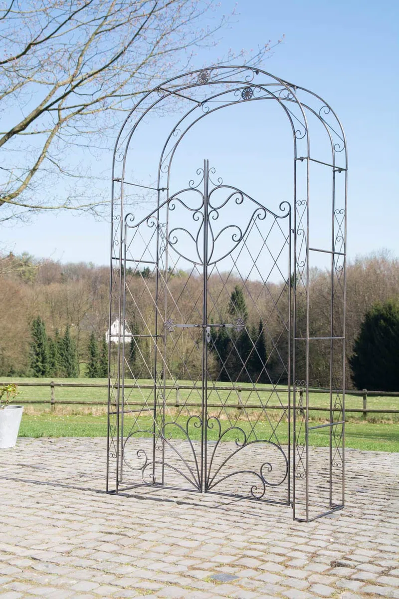 CLP Eisen Rosenbogen Melissa Mit Tor/Tür I Rankbogen Im Landhaus-Stil I Doppeltor Höhe 150 cm I Maße gesamt: B 120 cm, H 220 cm, T 40 cm, Farbe:Bronze