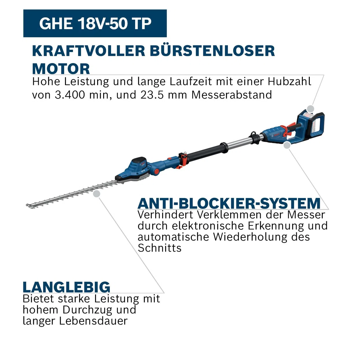 Bosch Professional 18V System Teleskop-Heckenschere GHE 18V-50 TP (2,5-m-Teleskopstange, 3.400 Hübe pro Minute, 23,5 mm Zahnabstand, inkl. Schultergurt, ohne Akku)