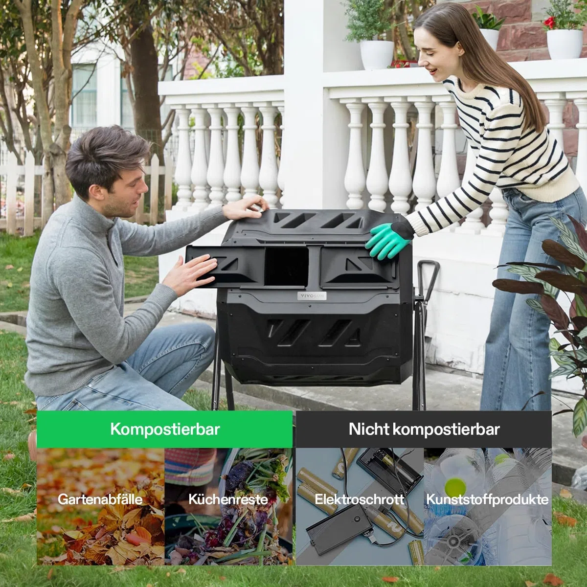 VIVOSUN Trommelkomposter 163L, Drehbarer Schnellkomposter mit 2 Kammern, Robuster Kunststoff Gartenkomposter mit Lüftungsöffnungen & Wasserdichten Gartenhandschuhen für Gartenabfälle