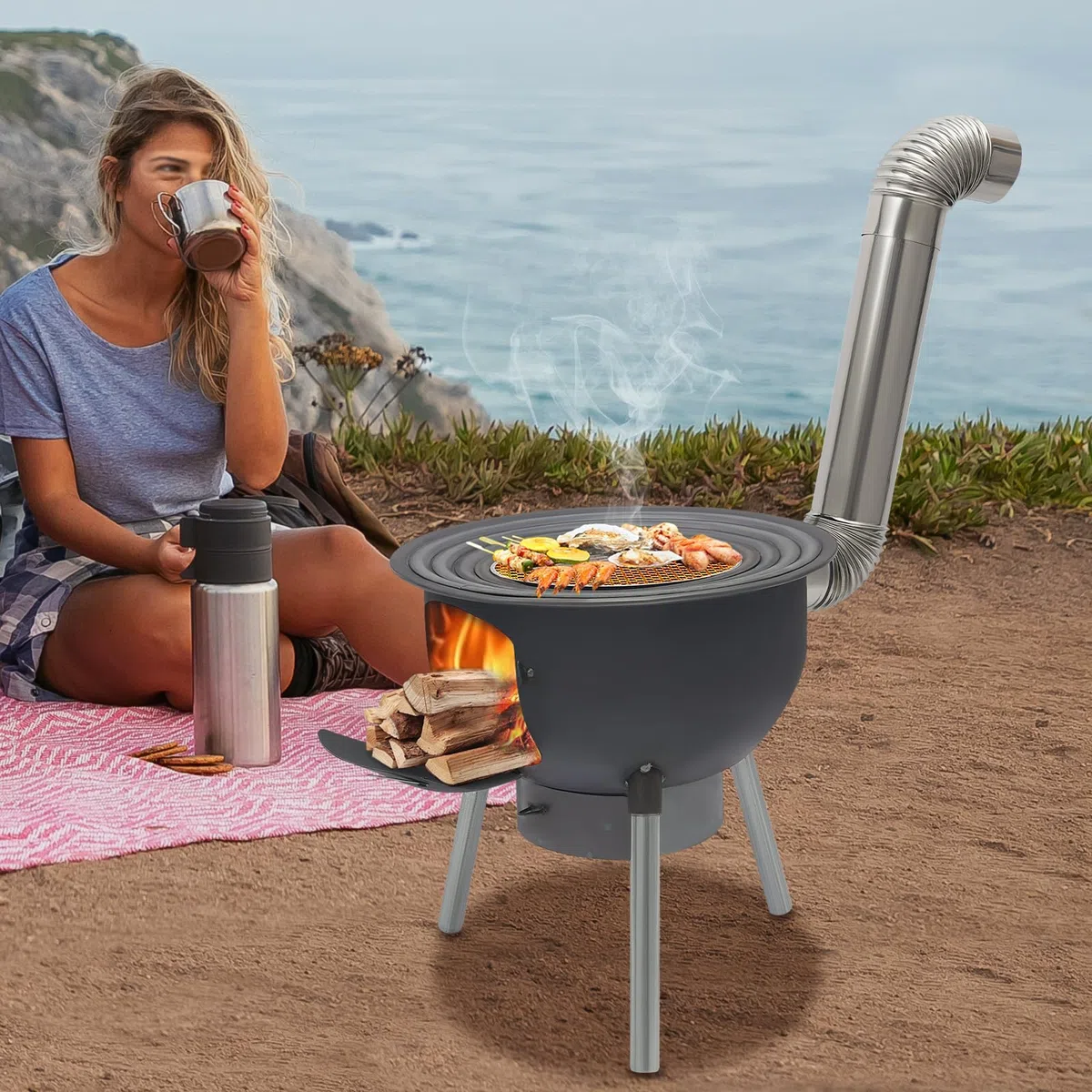 Tragbarer Holzofen mit 3/4 Kochringen & Aschekasten - Abnehmbaren Ofenbeine Robuster Stahlblech-Ofen mit Belüftung und Schornstein Holzofen für Camping, Picknick und Outdoor-Kochen (20.5zoll)
