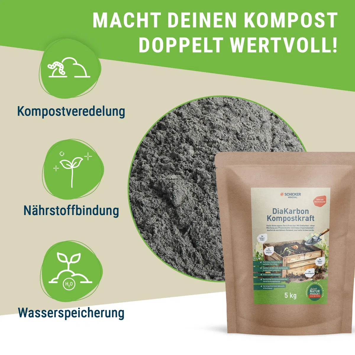 Schicker Mineral DiaKarbon Kompostkraft 5 kg, Mischung aus Diabas Urgesteinsmehl und Pflanzenkohle, Kompostveredelung zu Terra Preta, Nährstoffbindung, Wasserspeicherung, Kompostbeschleunigung