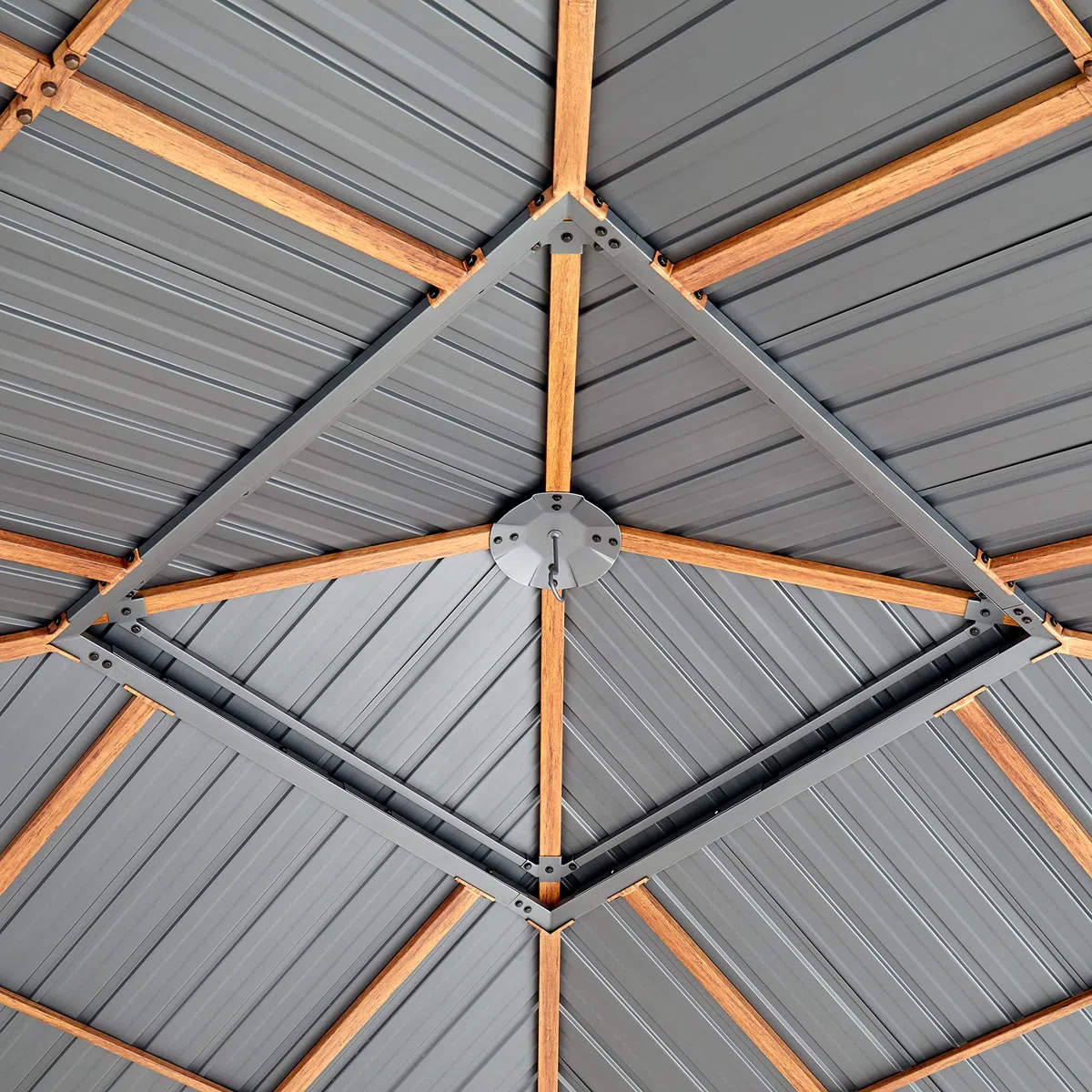 TOOLPORT Gartenpavillon 4x4 m Holzoptik, Stahldach Hardtop 4 Seitenteile in grau