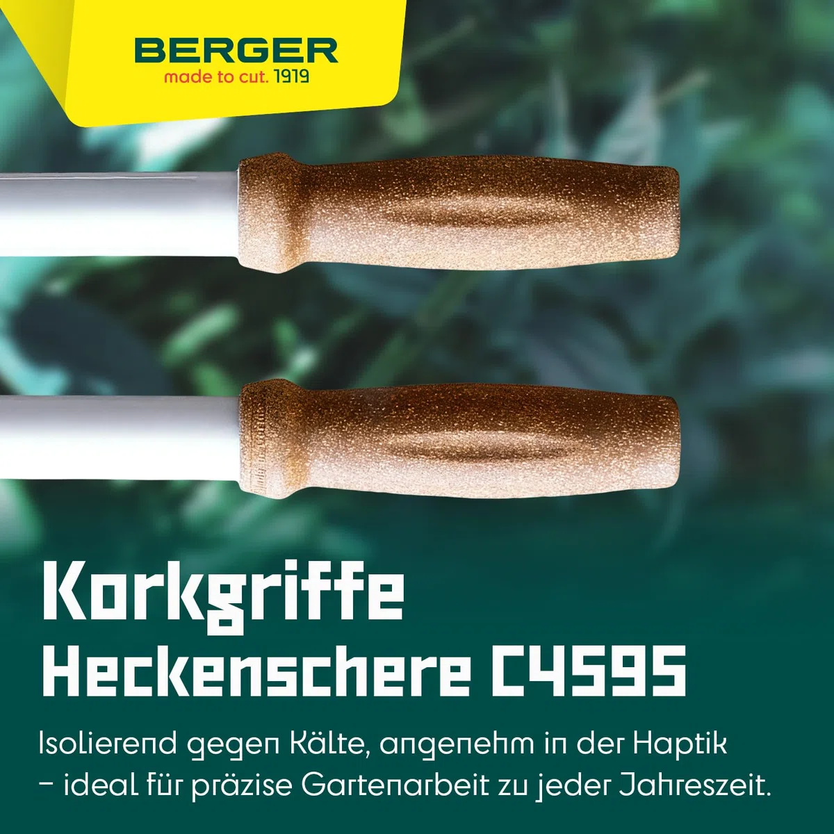 BERGER Heckenschere mit Korkgriff C4595 | Heckenschere manuell mit 24?cm Schnittlänge | Wellenschliff & Anschlagdämpfer | Leichte & langlebige Handheckenschere | KWF-zertifiziert & Made in Germany