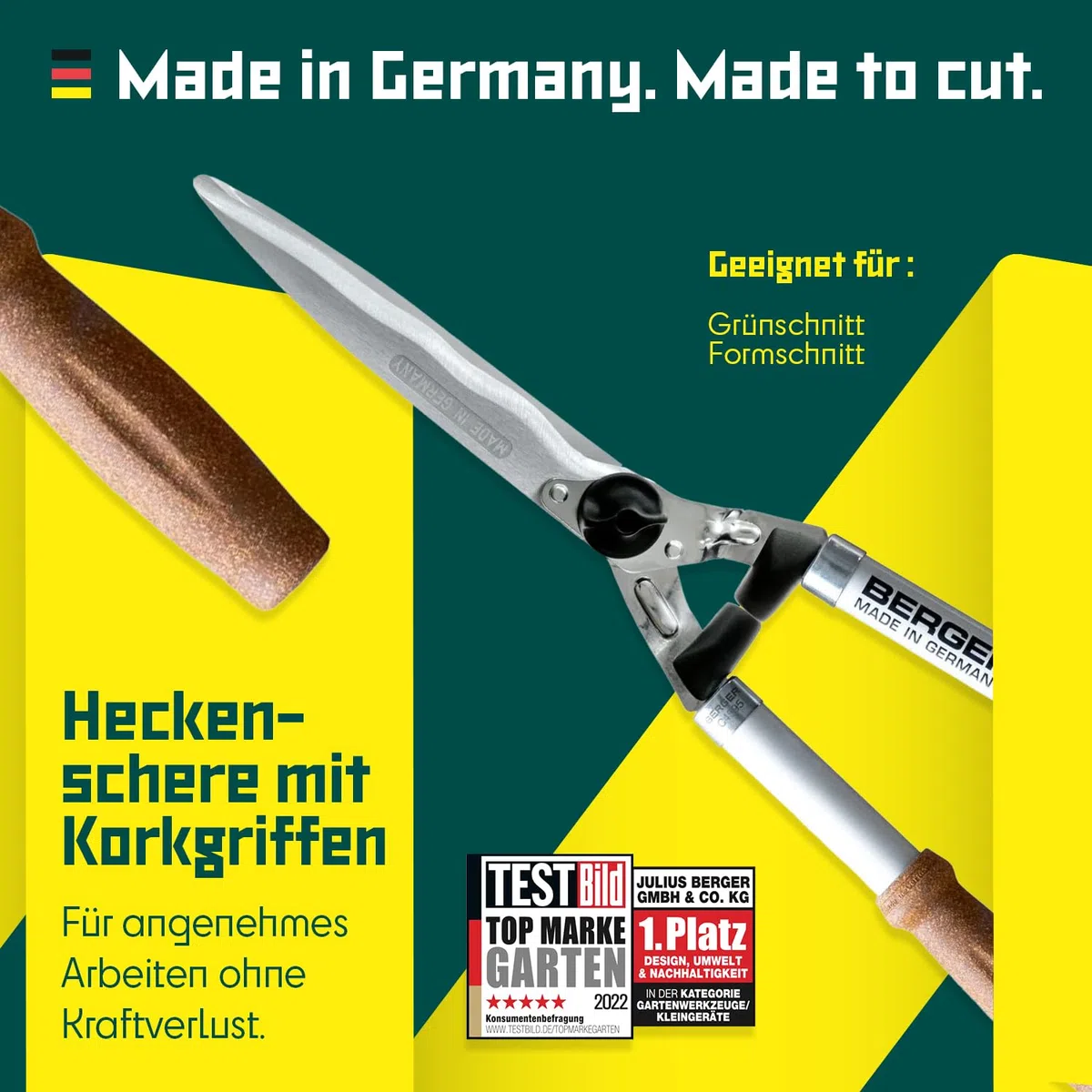 BERGER Heckenschere mit Korkgriff C4595 | Heckenschere manuell mit 24?cm Schnittlänge | Wellenschliff & Anschlagdämpfer | Leichte & langlebige Handheckenschere | KWF-zertifiziert & Made in Germany