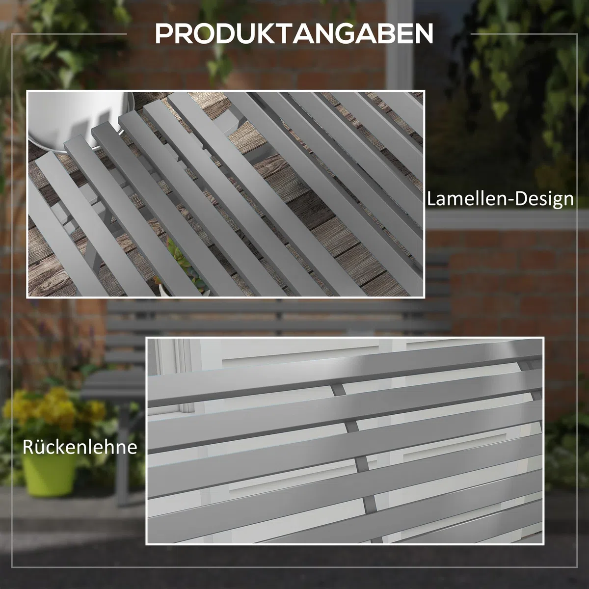Outsunny 2-Sitzer Gartenbank Alu, wetterfest Sitzbank, UV-Beständig Gartenmöbel mit Lamellen-Design, Parkbank 240kg belastbar, Balkonbank für Balkon Terrasse, Garten, 123x67x79cm, Grau