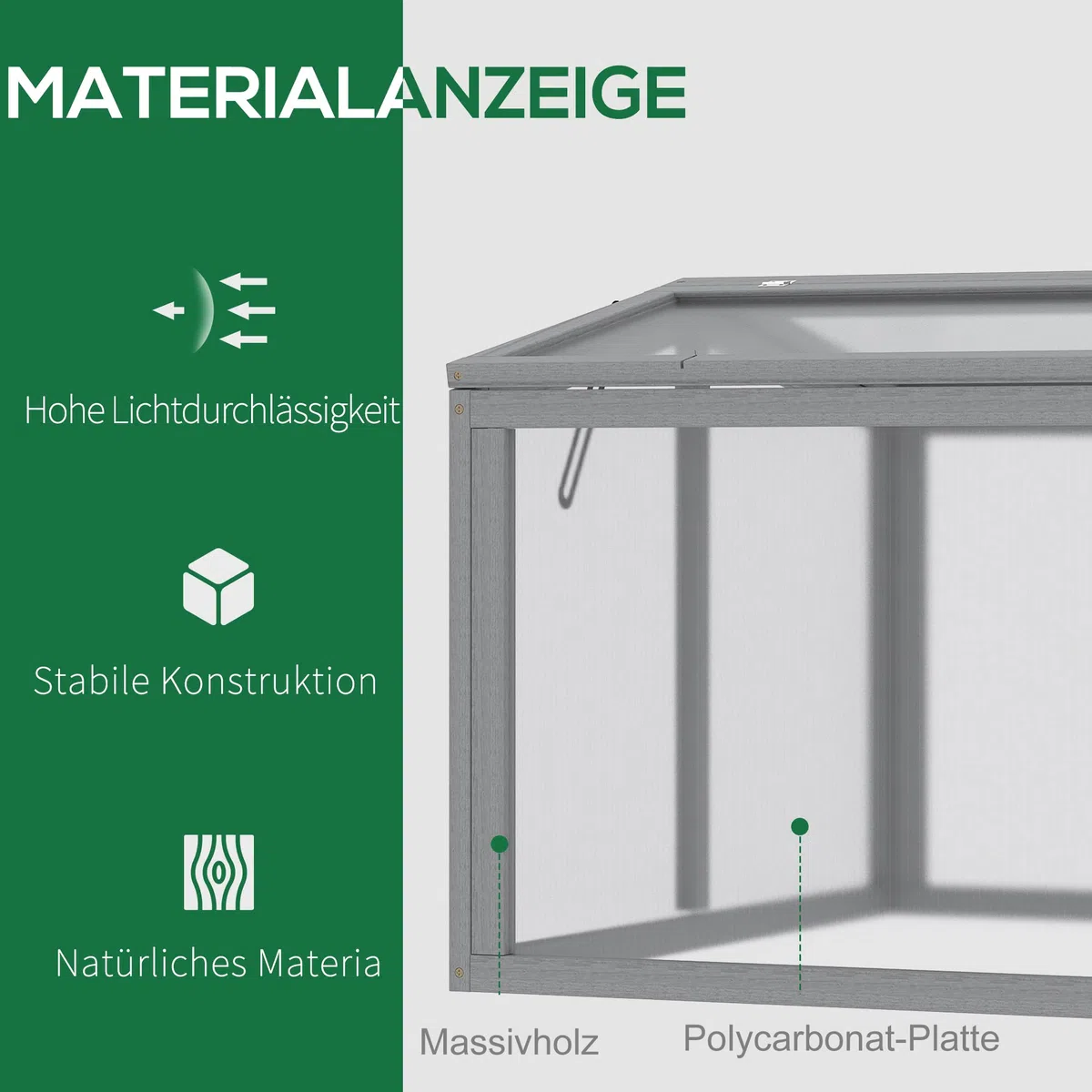Outsunny Frühbeet Treibhaus Gewächshaus Frühbeetkasten Pflanzenbeet mit Abdeckung aus Holz und Polycarbonat wetterfest Hellgrau 90 x 80 x 58 cm