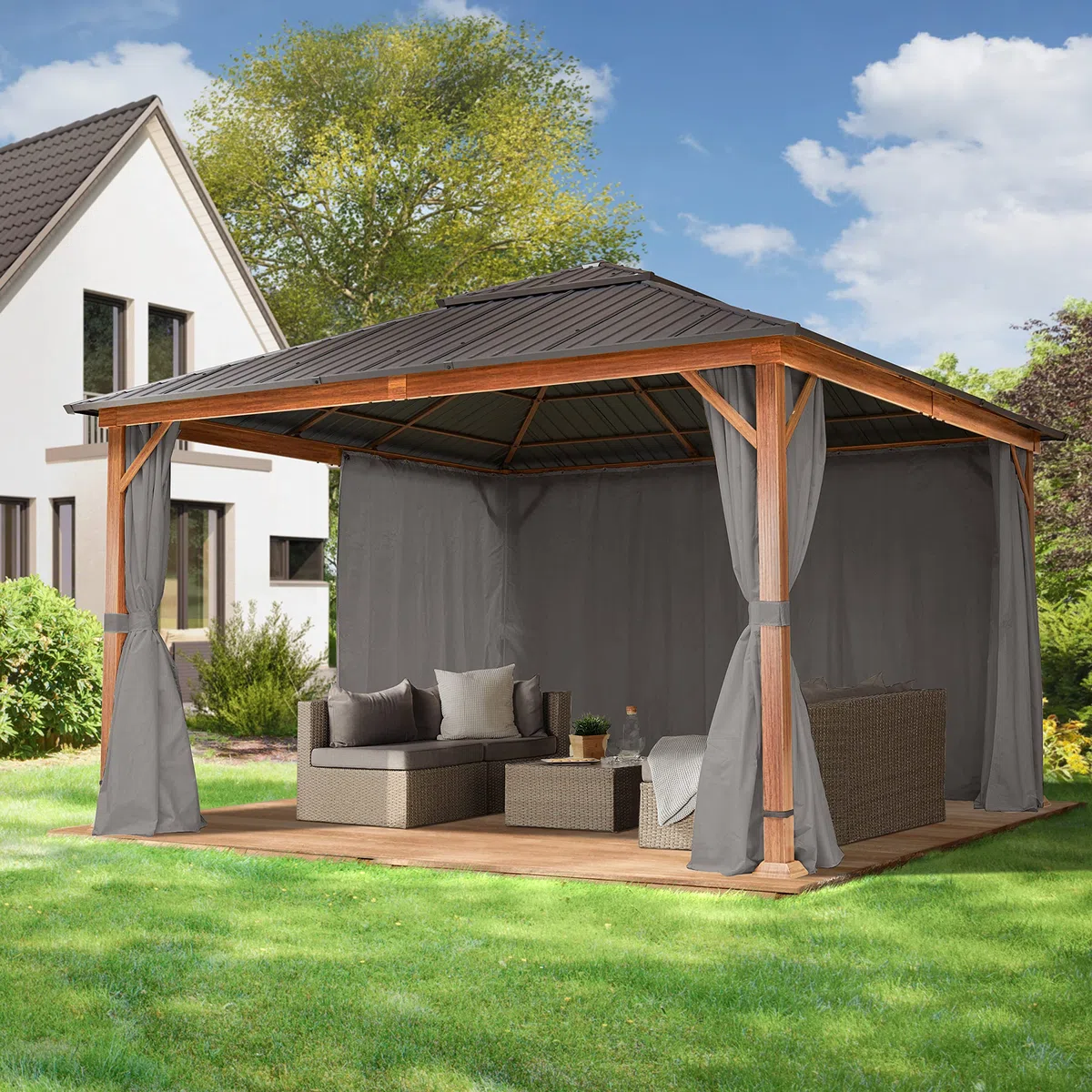 TOOLPORT Gartenpavillon 4x4 m Holzoptik, Stahldach Hardtop 4 Seitenteile in grau