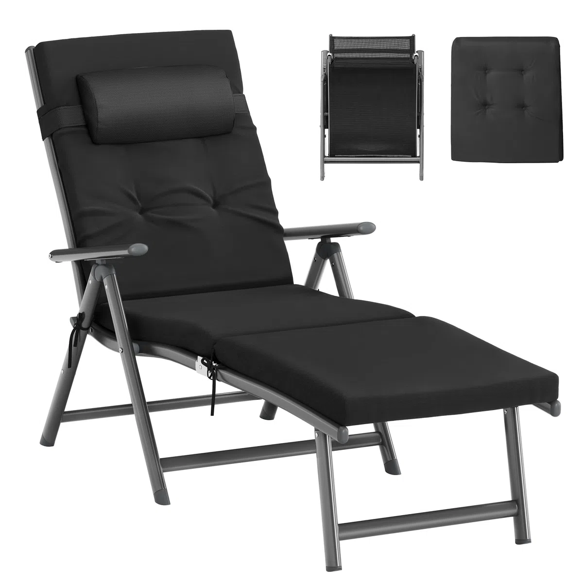 SONGMICS Sonnenliege, klappbar, Liegestuhl mit 6 cm dickem Polster, abnehmbares Kopfkissen, atmungsaktiv, einstellbare Rückenlehne, bis 150 kg belastbar, schwarz GCB24BK