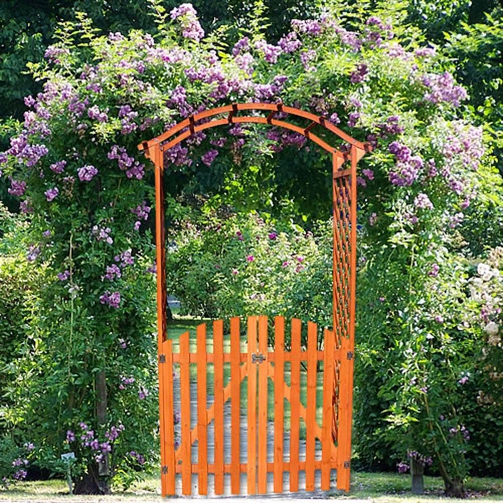 Melko Rosenbogen aus Holz Braun Rankgitter Laubengang Torbogen mit Tor Halbbogen Spalier Rankhilfe für Kletterpflanzen Gartenbogen Pergola