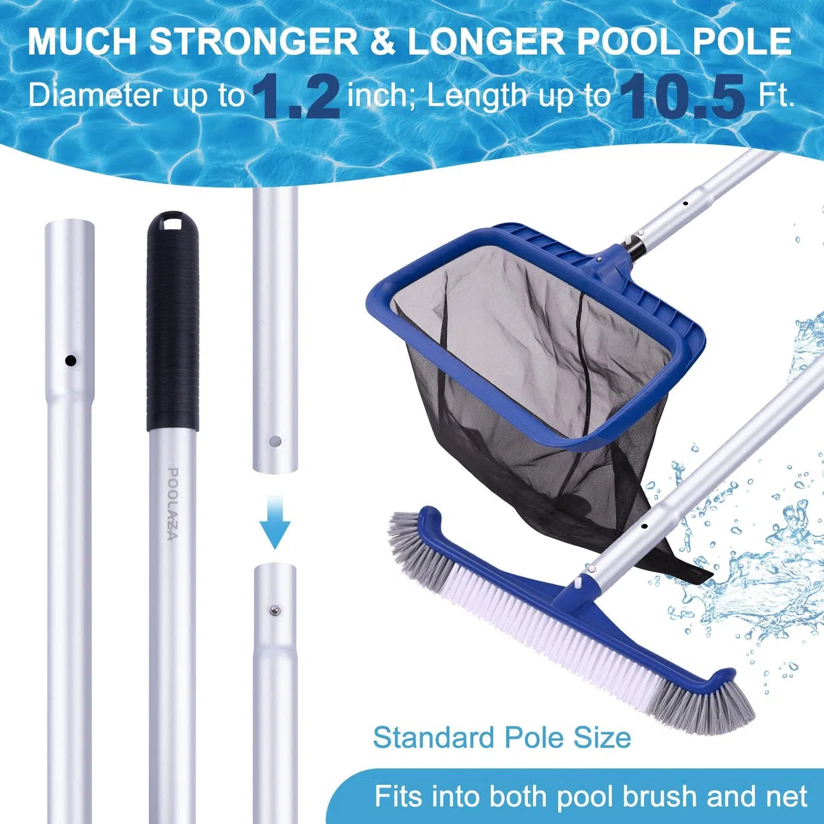 POOLAZA Pool-Reinigungsset, inklusive Poolbürste und ultrafeinmaschigem Pool-Skimmernetz mit Stange, Poolkescher und 44 cm Poolbürstenkopf mit 3,2 m Aluminium-Poolstange, Poolkescher und Bürste mit
