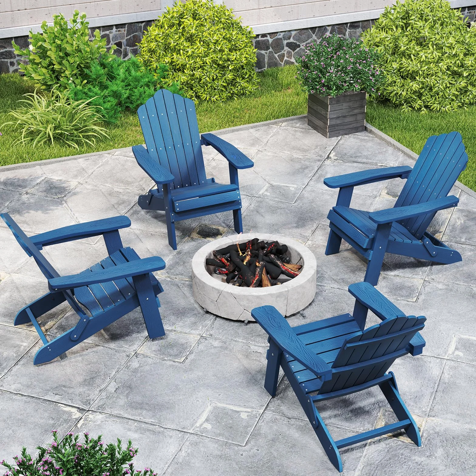 COSTWAY Adirondack Stuhl klappbar, wetterfester Adirondack Chair aus Kunststoff, Gartensessel mit hoher Rückenlehne & Breiten Armlehnen für Garten, Terrasse, 180 kg Tragfähigkeit (Marine)