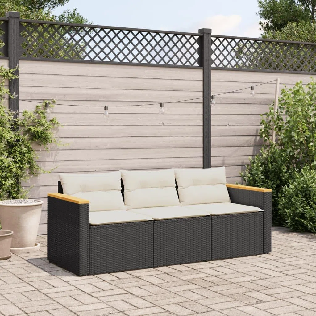 Refined Gartensofa 3-Sitzer, Loungesofa Sofa mit mit Kissen, Sitzgruppe Stahlrahmen, Gartenmöbel Lounge Rattanmöbel (Schwarz)