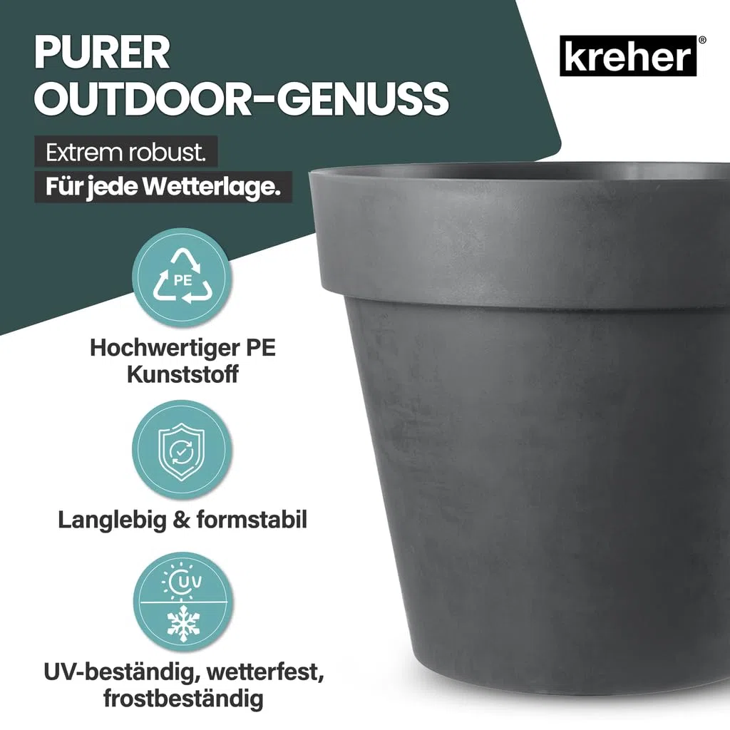 Kreher XXL Pflanztopf/Pflanzkübel rund mit 79 cm / 58 cm Durchmesser, ausstattet mit Rollen! Der Eye-Catcher für Garten, Terrasse, Restaurants & Gewerbe! (Anthrazit, XXL-Ø79cm)