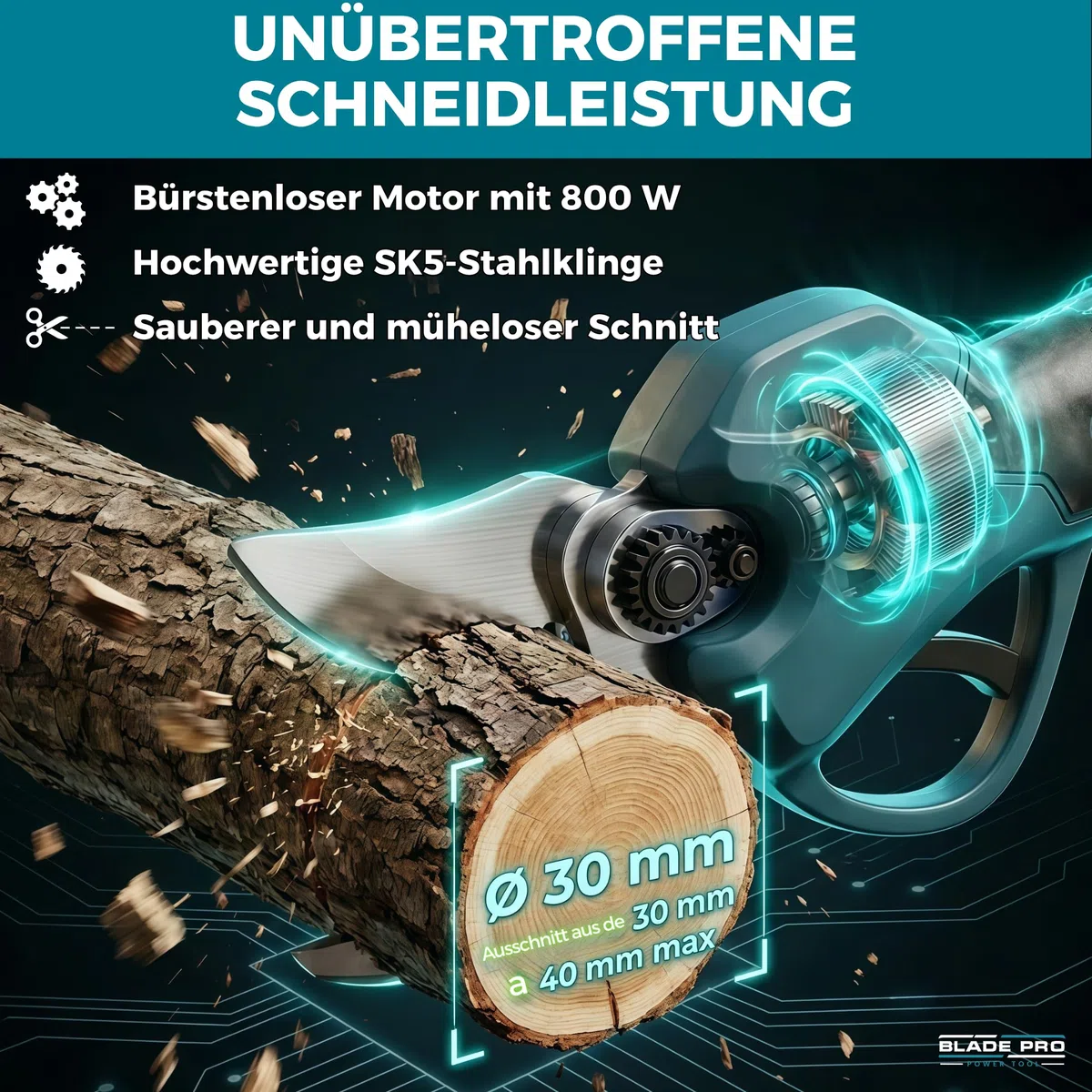 Akku Astschere bis zu 40mm Elektrische Gartenschere 6000mAh — Kabellos für Makita 18V — Bürstenloser Motor 800W — LCD Display — 10-teiliges Set BLADEPRO