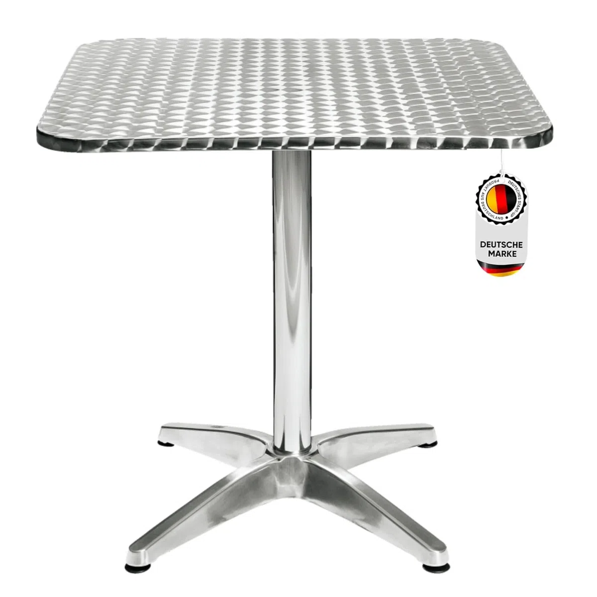 Hochwertiger Bistrotisch aus Aluminium, Eckiger Aluminiumtisch Wetterfest für Garten, Balkon und Terrassen – T80 x B80 x H72cm / Pflegeleichter Gartentisch mit Standfüßen –Silber glänzend Tischplatte