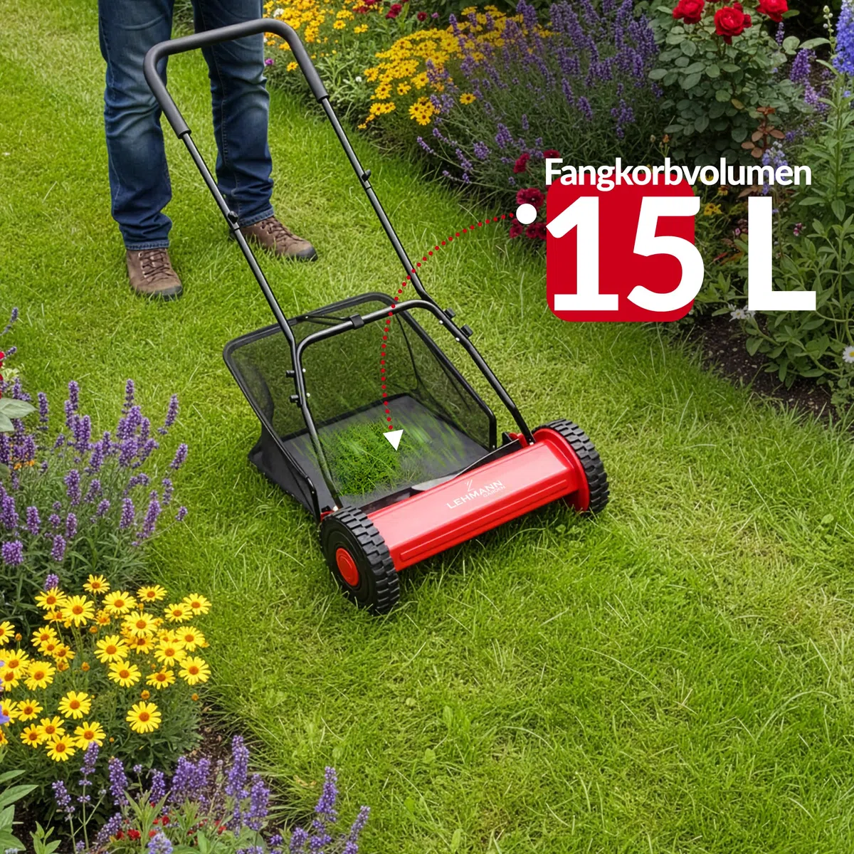 LEHMANN Spindelmäher 40 cm mit Fangkorb 15 L – Handrasenmäher ohne Strom, mechanischer Rasenmäher manuell mit 5 Messern, einstellbare Schnitthöhe 15–43 mm, klappbarer Griff