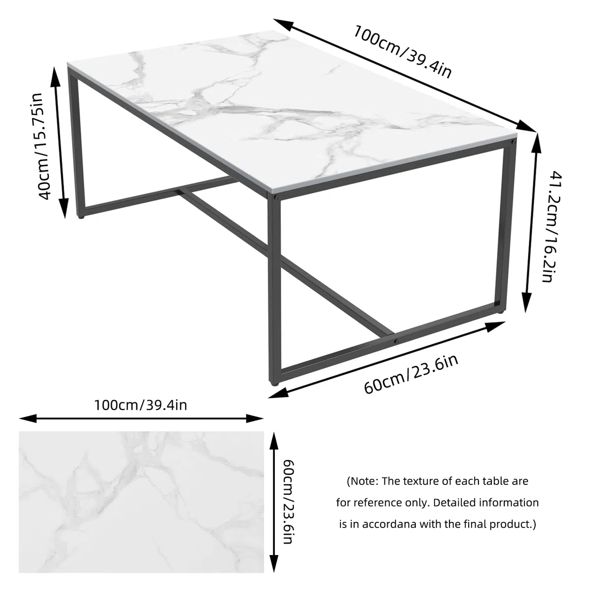 FATIVO Couchtisch Marmor Weiß Modern: Rechteckiger Skandinavisch Kaffeetisch Wohnzimmertisch mit schwarz Metallgestell - Beistelltisch für Wohnzimmer 100x60x40cm