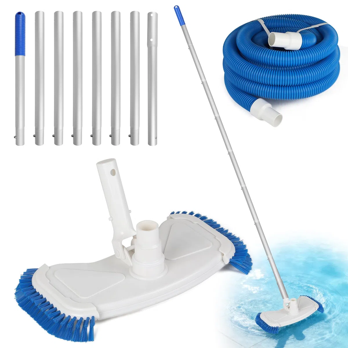 EFUTURETIME Poolsauger Bodensauger Poolreiniger manuell mit Bürsten, 7,5 m Schlauch φ38mm, 2,7 m Teleskopstange
