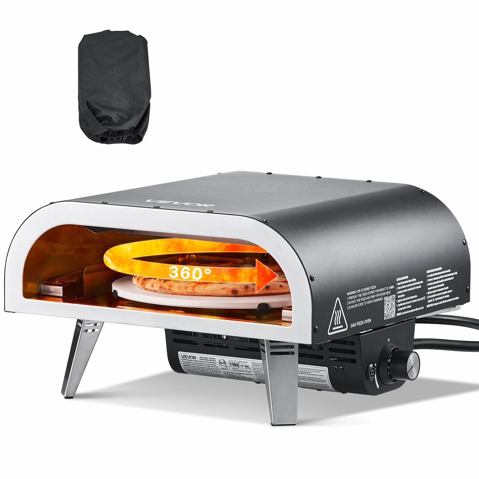 VEVOR Pizzaofen für den Außenbereich, Propan-Gas, mit elektrischer Rotation und dickem Pizzastein, tragbar, für Camping, Garten, Terrasse, mit Tragetasche, Schwarz, 470 x 430 x 270 mm