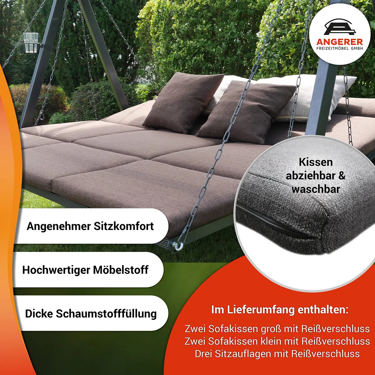 ANGERER Hollywoodschaukel Lounge Smart grau | Gartenschaukel Made in Germany, Schaukel zum Sitzen, Liegen und Entspannen, inklusive Bett-Funktion, einfache Montage