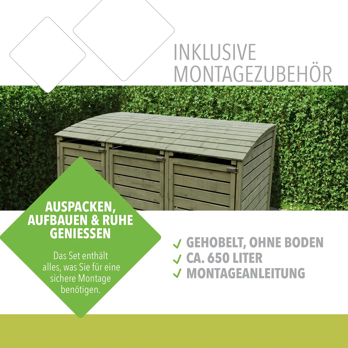 TETZNER & JENTZSCH HENRI-Mülltonnenbox 3er mit Rückwand & Klappdach I Mülltonnenverkleidung aus Kiefernholz für 3 Mülltonnen oder gelbe Säcke I Outdoor Mülltonnenbox aus Holz mit Montageanleitung