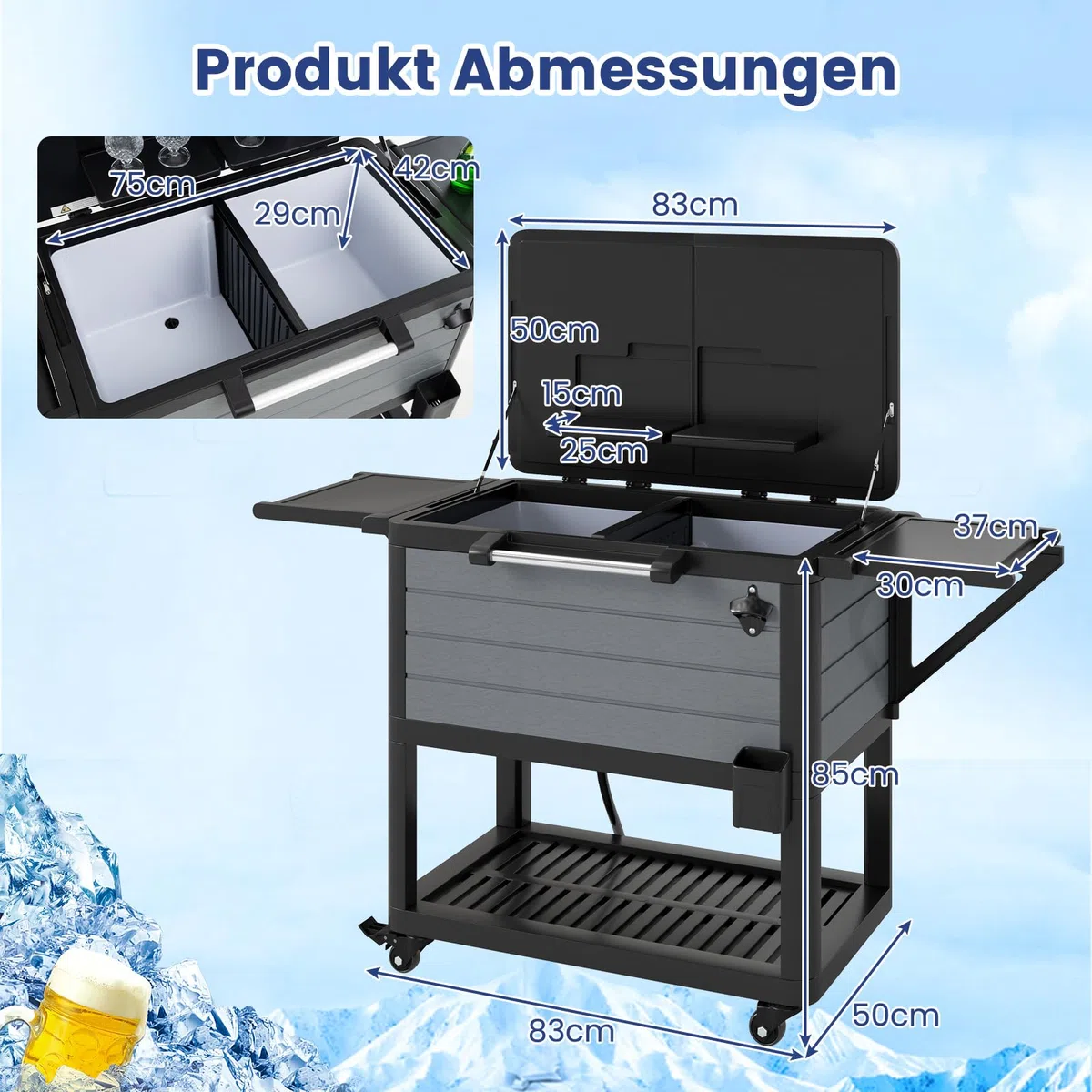 COSTWAY Kühlwagen, Getränkewagen mit 2 Seitenablagen, Flaschenöffner, unterer Ablage, Handtuchhalter, Mützenfänger, Servierwagen, Beistellwagen, Kühlbox, Getränkekühler, Eiswagen für Party, BBQ