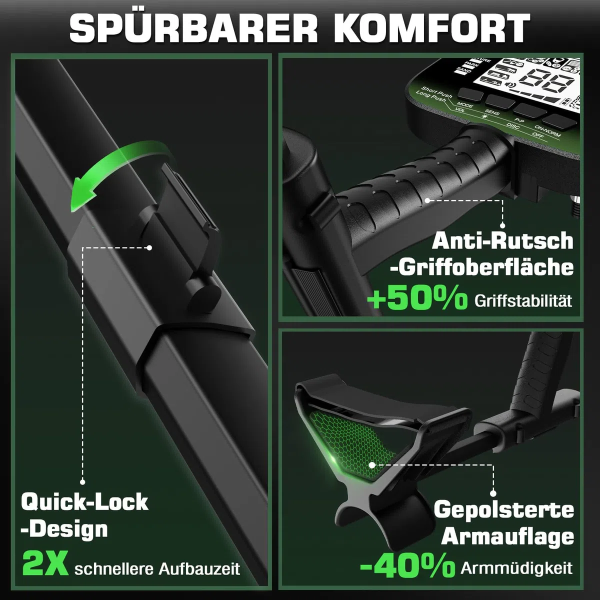 DR.ÖTEK Metalldetektor Profi Set für Erwachsene Anfänger, Aktualisierter 6 Modi Leicht Metalldetektor, 3 Terrain-Modus mit Pinpoint, IP68 wasserdichte Suchspule, Metal Detector Kit mit Zubehör, Grün