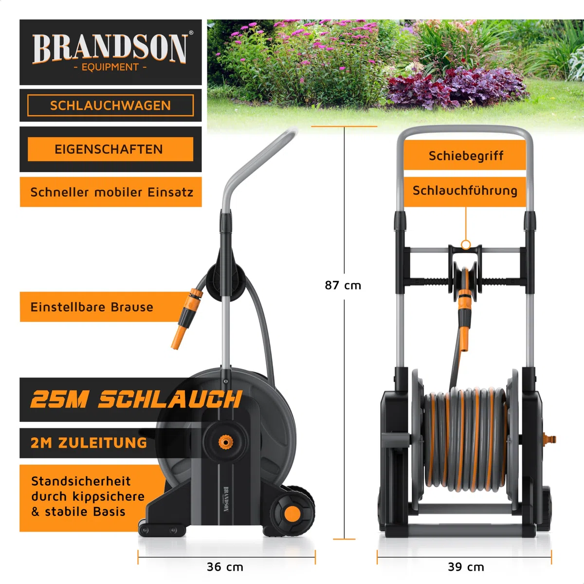 Brandson - Garten Schlauchwagen mit Schlauch/Schlauchtrommel inkl. Gartenschlauch 25 m + 2 m Schlauch plus Zuleitung – 3/4 Zoll - automatische Schlauchführung - Aufrollhilfe – Gardena kompatibel