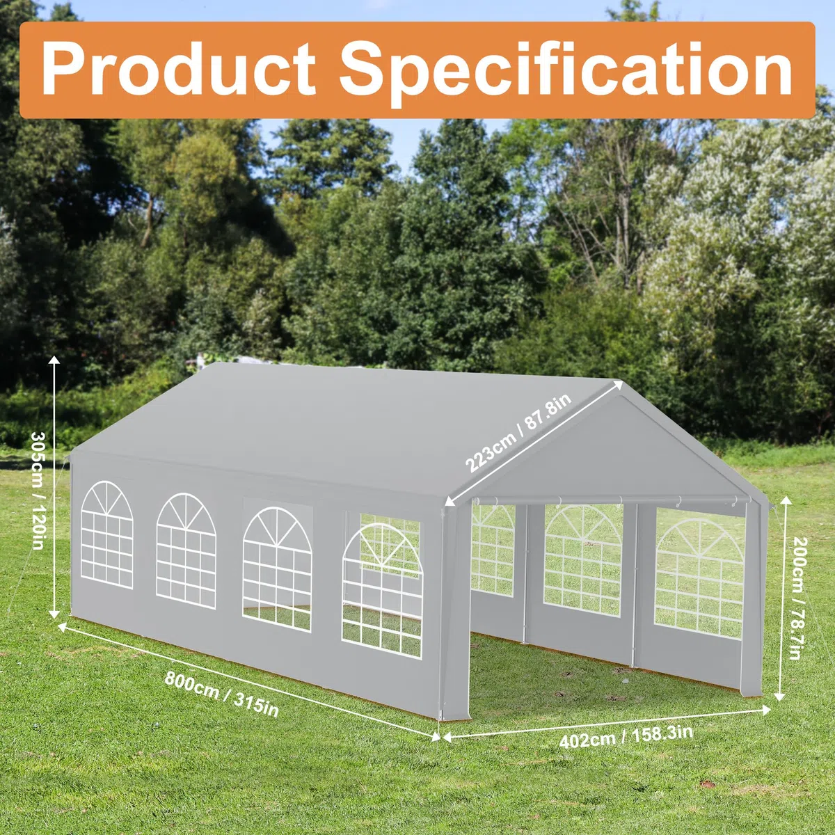 NAIZY Partyzelt 4x8 m Pavillon mit Wasserdicht Dach & Abnehmbaren Seitenwänden Gartenpavillon Stabil Winterfest Gartenzelt aus PE-Gewebe & Metall Rohr Familienzelt, Grau