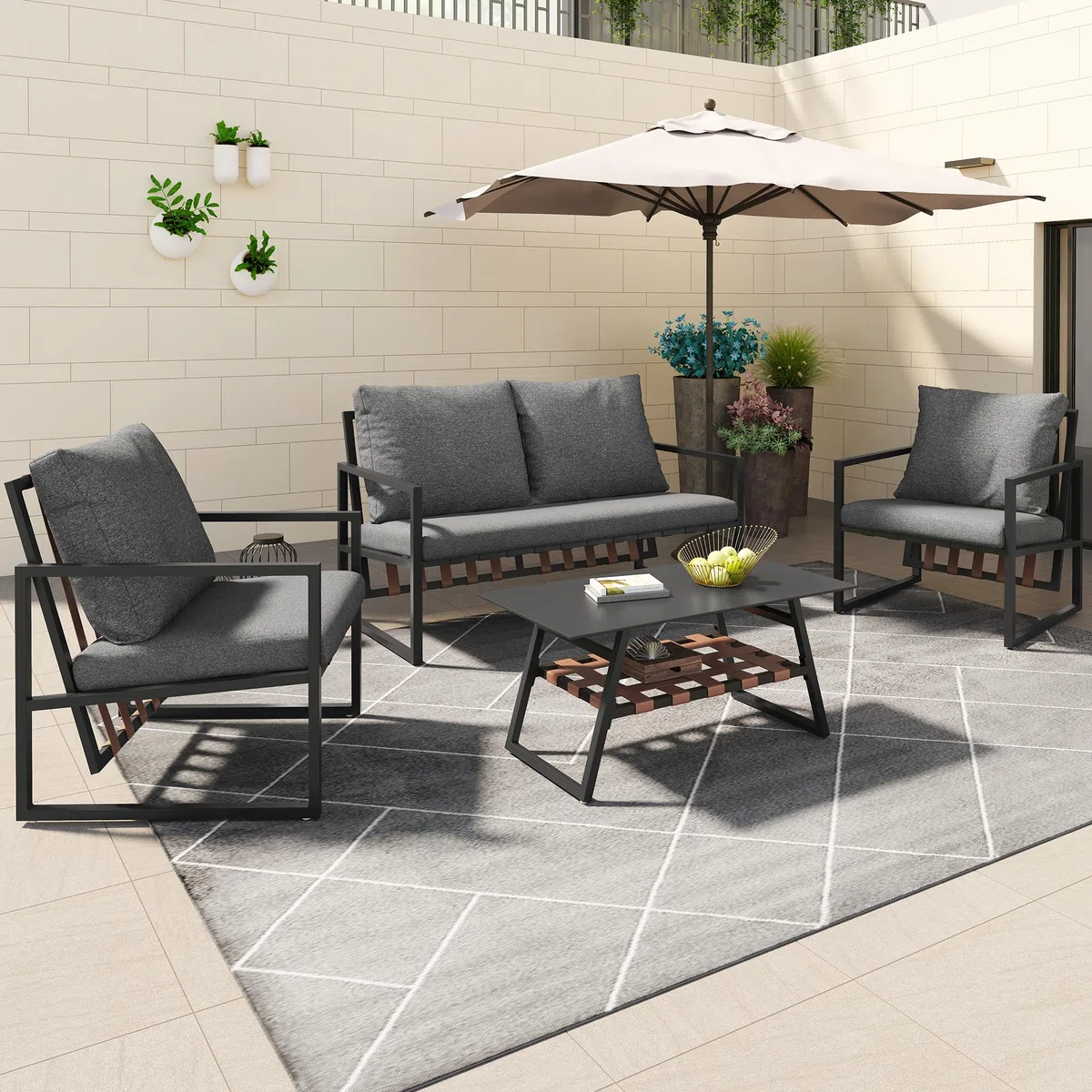 Muskel Garten Lounge Set 4-teilig Outdoor Sofa Einzelstühle Sesseln, Couchtisch, Essgruppe für Garten Balkon Terrasse, Abnehmbarer und waschbarer Stoffbezug, Schwarz